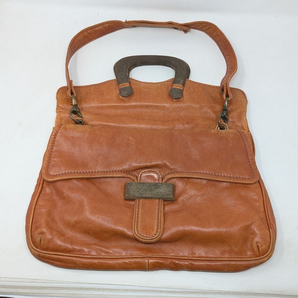 Buti Super Oscar Vintage Tan Leather Handbag Wood Handle Shoulder Bag Italy